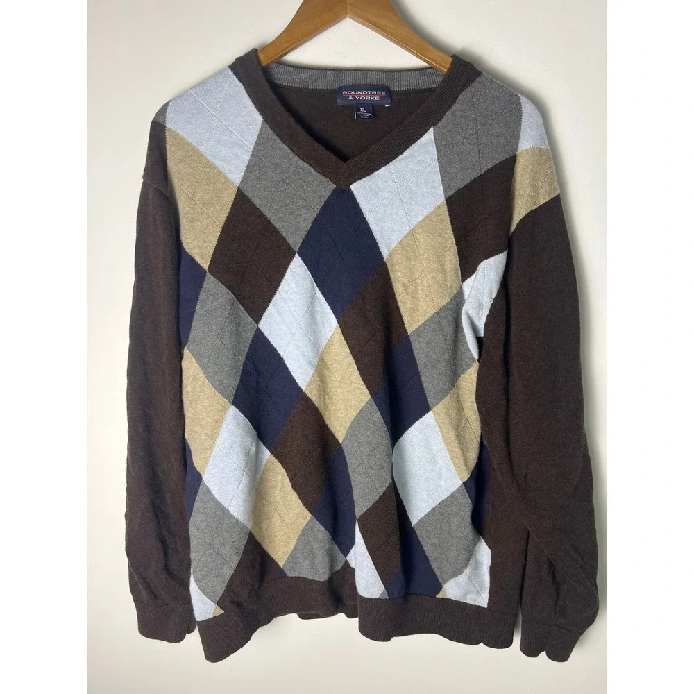VTG Style Argyle Sweater XL Brown V-Neck Cotton Preppy Academia Collegiate Y2K